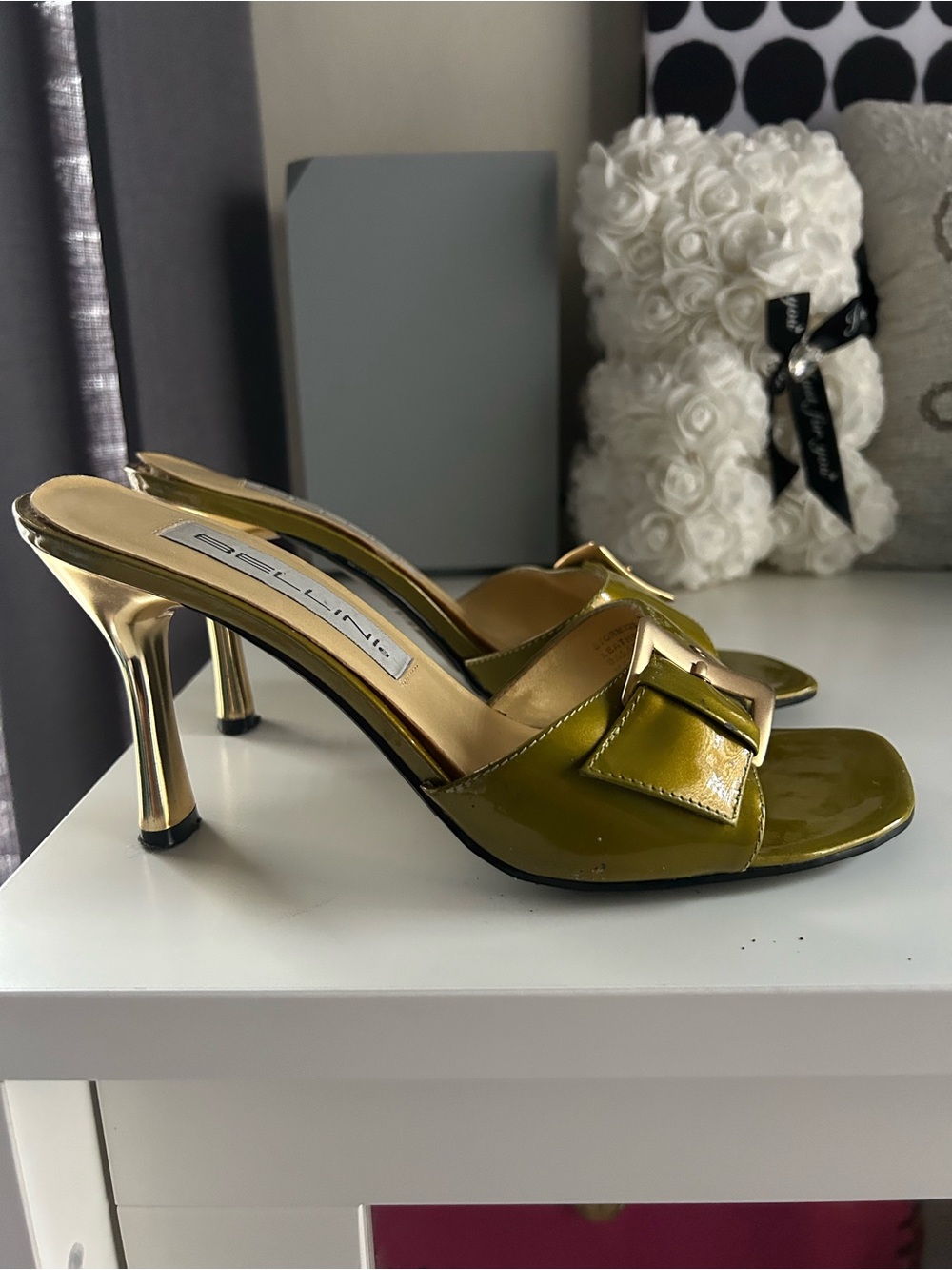 Bellini Olive Green Patent Slide Heels with Gold Accents